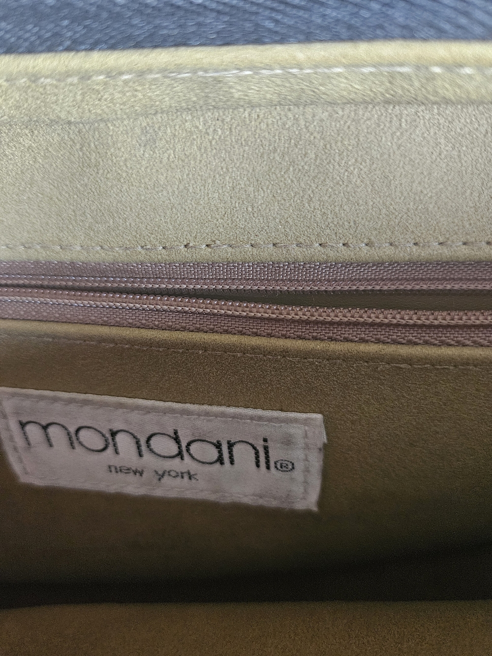 Mondani Tan Suede Wallet with Pink Zipper Detail